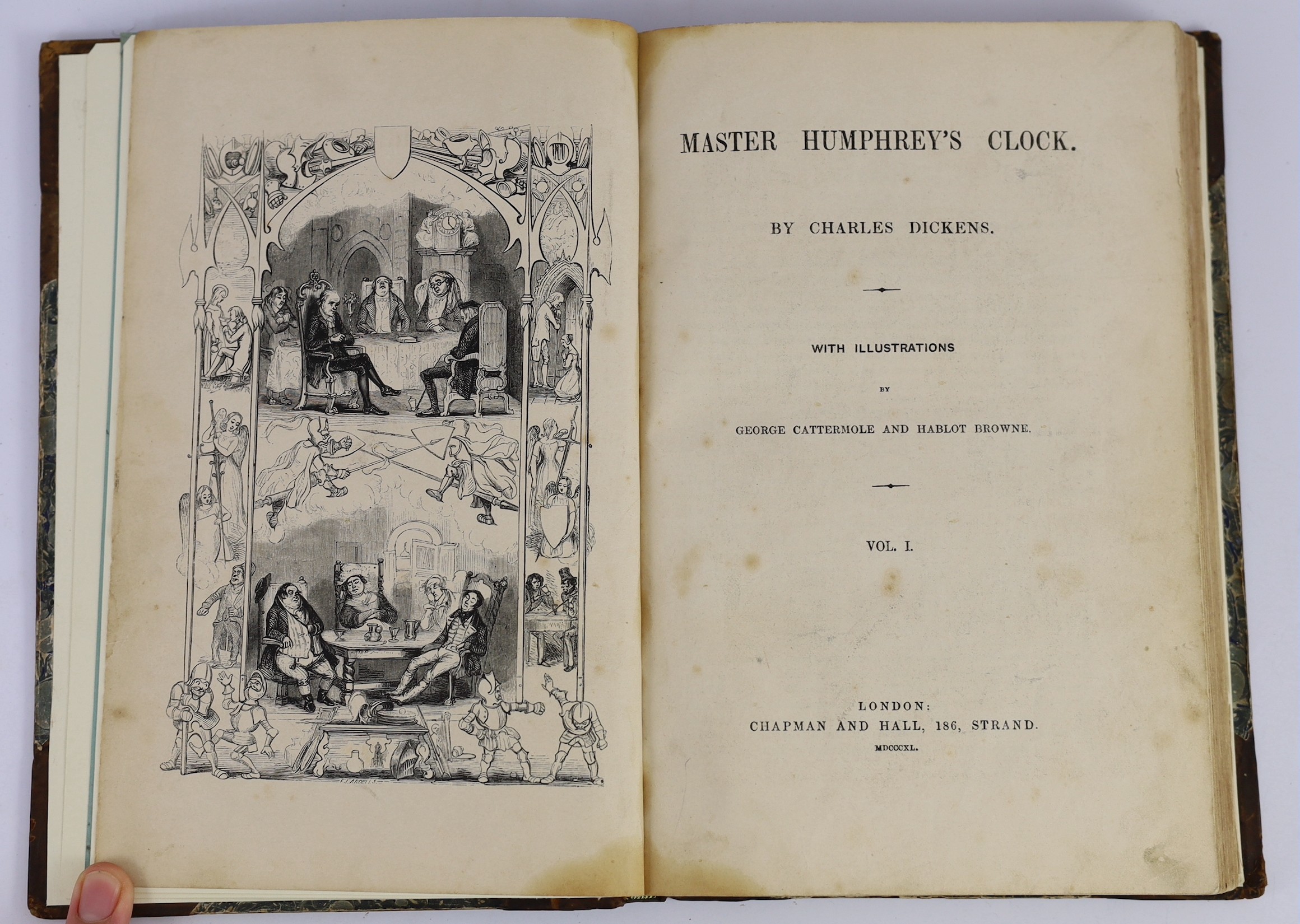 Dickens, Charles - Master Humphrey’s Clock, 1st edition in book form, 3 vols, 8vo, later quarter calf with marbled boards, renewed end papers, illustrated by George Cattermole and Halbot K. Browne (‘’Phiz’’), front page